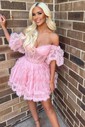 Ball Gown Off-the-shoulder Tulle Short/Mini Homecoming Dresses With Cascading Ruffles
