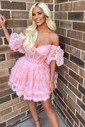 Pink Off Shoulder Puff Sleeve Tulle Mini Dress