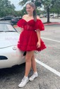 Pink Off Shoulder Puff Sleeve Tulle Mini Dress