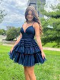 Glitter Black Skater Tiered Ruched Homecoming Dresses