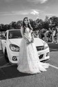 A-line V-neck Lace Sparkly Prom Dresses With Star