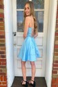 Cute Yellow Skater Satin Square Neck Homecoming Dresses