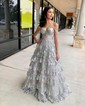 Black Ball Gown Sweetheart Sequin Tiered Prom Dresses