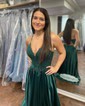A-line V-neck Satin Prom Dresses With Appliques