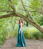 A-line V-neck Satin Prom Dresses With Appliques