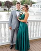 A-line V-neck Satin Prom Dresses With Appliques