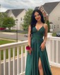 A-line V-neck Satin Prom Dresses With Appliques