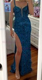 Sheath/Column Sweep Train V-neck Tulle Split Front Prom Dresses