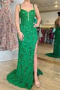 Sheath/Column Sweep Train V-neck Tulle Split Front Prom Dresses