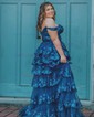 Ball Gown/Princess Off-the-shoulder Tulle Sweep Train Prom Dresses With Appliques Lace