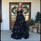Black Ball Gown Sweetheart Sequin Tiered Prom Dresses