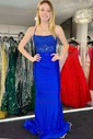 Trumpet/Mermaid Square Neckline Stretch Crepe Sweep Train Beading Prom Dresses