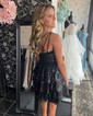 Corset Dark Navy Skater One Shoulder Tiered Homecoming Dresses