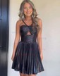 Unique Silver Skater Pleated Cut Out Homecoming Dresses