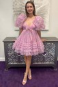 Elegant Skater Tulle V-neck Ruffle Homecoming Dresses