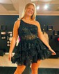 Corset Dark Navy Skater One Shoulder Tiered Homecoming Dresses