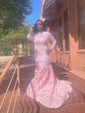 Trumpet/Mermaid High Neck Tulle Sweep Train Prom Dresses With Flower(s)