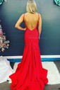Mermaid V-neck Jersey Backless Beaded Prom Dresses With Ruched