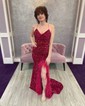 Sheath/Column V-neck Sparkly Sequin Prom Dresses With Feather