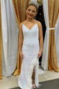 Sheath/Column V-neck Sparkly Sequin Prom Dresses With Feather