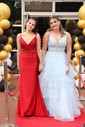 Princess V-neck Tulle Ruffle Prom Dresses With Appliques