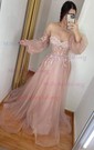 A-line Off-the-shoulder Tulle Puff Sleeve Prom Dresses With Appliques