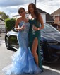 Mermaid Strapless Tulle Ruffle Tiered Prom Dresses With Appliques