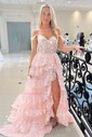 Ball Gown Sweetheart Tulle Tiered Prom Dresses With Appliques