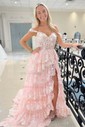 Ball Gown Sweetheart Tulle Tiered Prom Dresses With Appliques