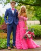 Ball Gown Off-the-shoulder Tulle Tiered Prom Dresses With Feather