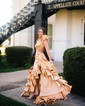 A-line V-neck Cut Out Satin Ruffle Tiered Prom Dresses