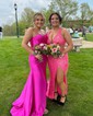 Trumpet/Mermaid Cowl Neck Silk-like Satin Sweep Train Prom Dresses With Split Front