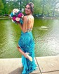 Sheath/Column V-neck Backless Sparkly Sequin Prom Dresses With Feather