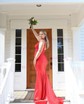 Mermaid V-neck Jersey Backless Beaded Prom Dresses