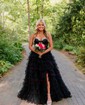 Ball Gown V-neck Tulle Ruffle Tiered Prom Dresses With Beading