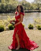 A-line V-neck Satin Cut Out Ruffle Tiered Prom Dresses