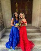 A-line V-neck Satin Cut Out Ruffle Tiered Prom Dresses