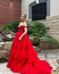 Ball Gown Off-the-shoulder Tulle Tiered Prom Dresses With Appliques