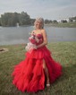 Ball Gown Strapless Tulle Ruffle Tiered Prom Dresses With Appliques
