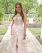 Ball Gown V-neck Tulle Tiered Prom Dresses With Appliques