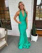 Mermaid Halter Jersey Backless Prom Dresses With Ruched