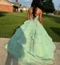 Ball Gown V-neck Tulle Tiered Prom Dresses With Appliques
