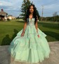Ball Gown V-neck Tulle Tiered Prom Dresses With Appliques