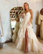 Sky Blue Ball Gown V-neck Tulle Ruffle Tiered Prom Dresses