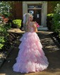 Ball Gown V-neck Tulle Tiered Prom Dresses With Appliques