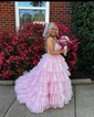 Ball Gown V-neck Tulle Tiered Prom Dresses With Appliques