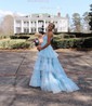 Sky Blue Ball Gown V-neck Tulle Ruffle Tiered Prom Dresses