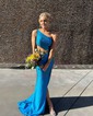 Mermaid One Shoulder Jersey Cut Out Beaded Prom Dresses