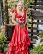 A-line V-neck Cut Out Satin Ruffle Tiered Prom Dresses