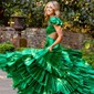 A-line V-neck Cut Out Satin Ruffle Tiered Prom Dresses